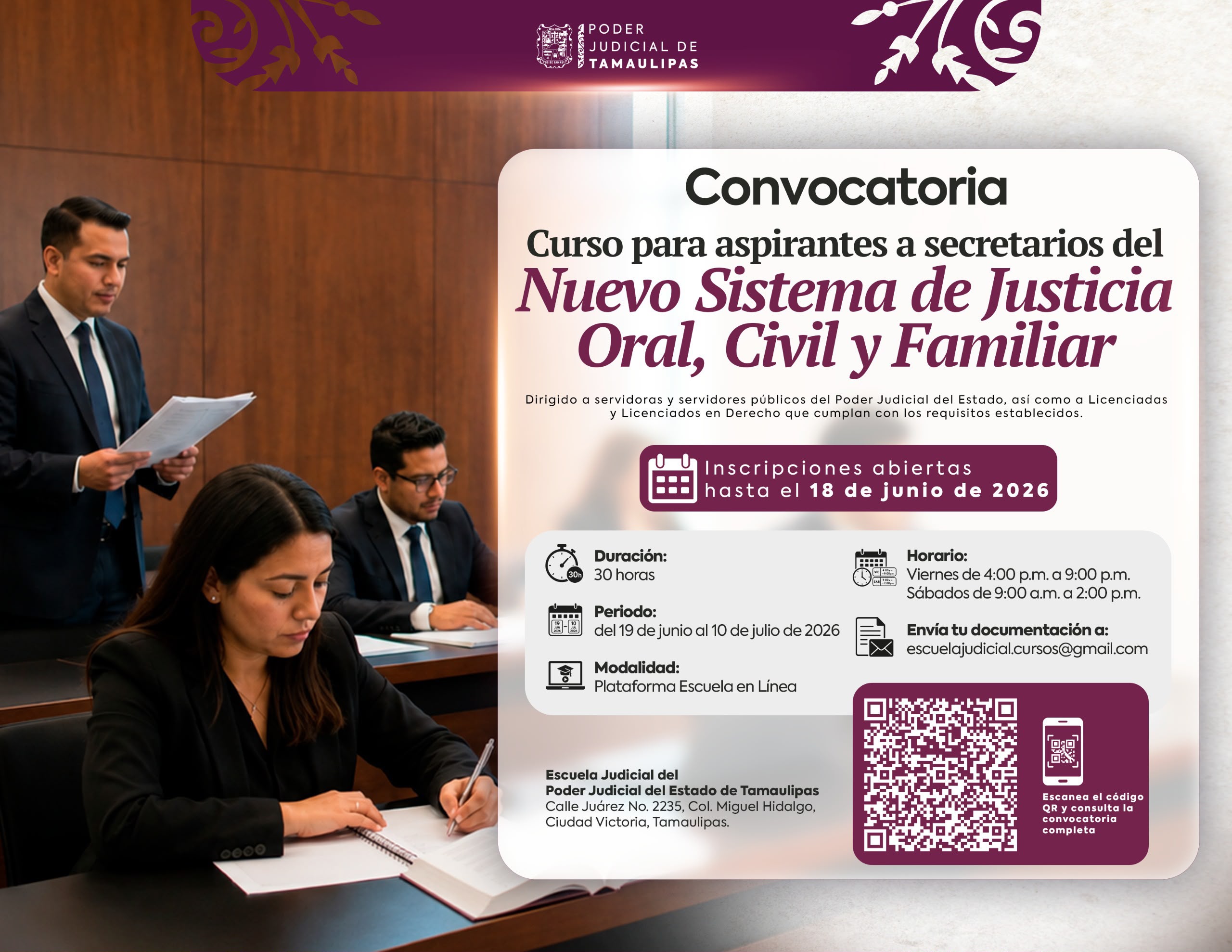 Abre Poder Judicial proceso de preparación para ocupar 30 plazas en Tamaulipas